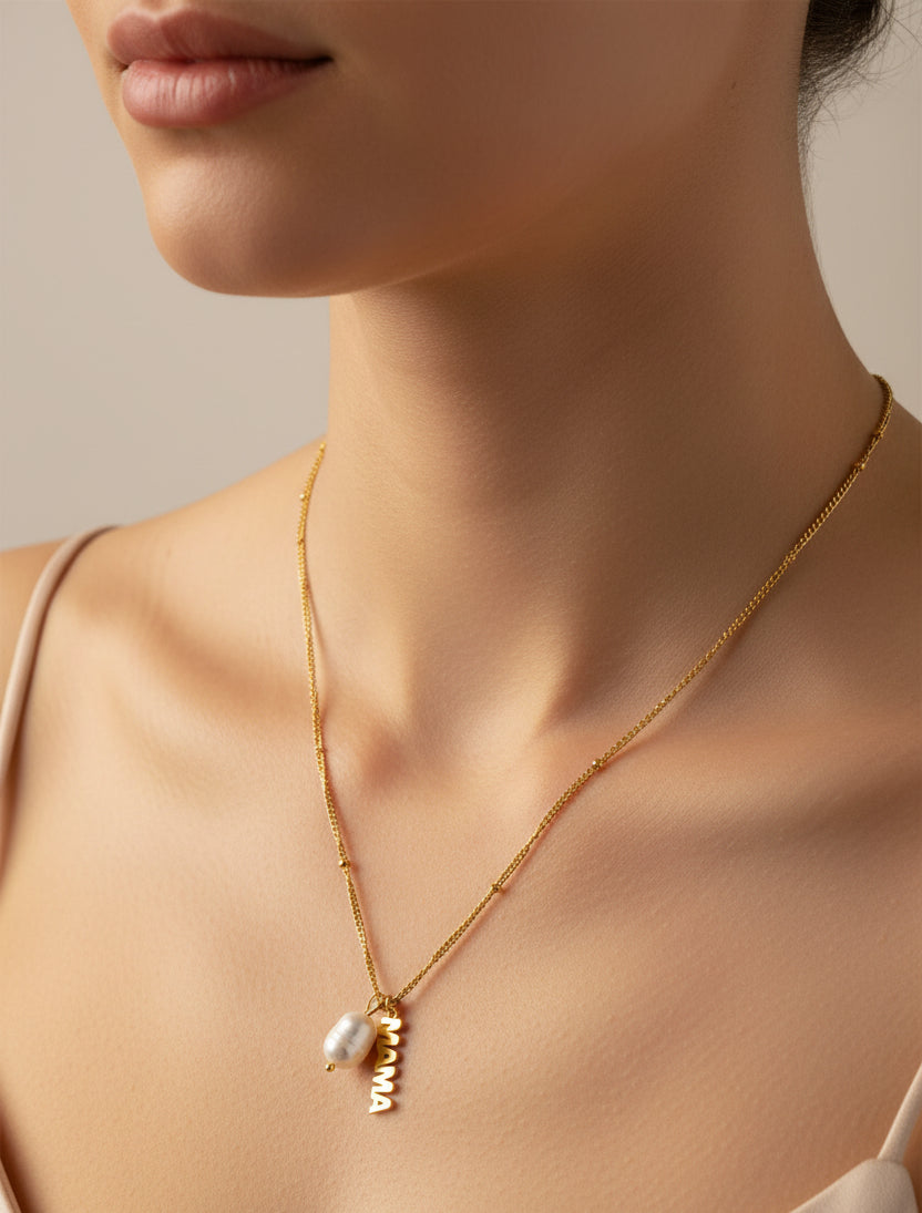 Mama 18K Gold Plated Pearl Charm Necklace