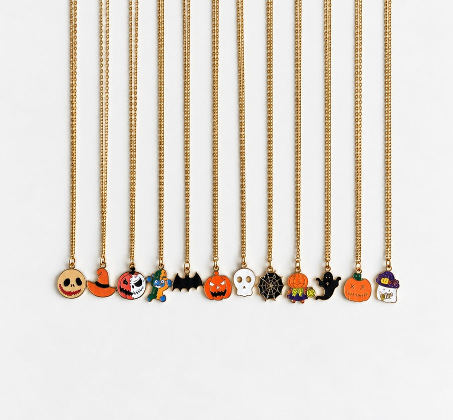 Half Pumpkin Half Skull Halloween Necklace