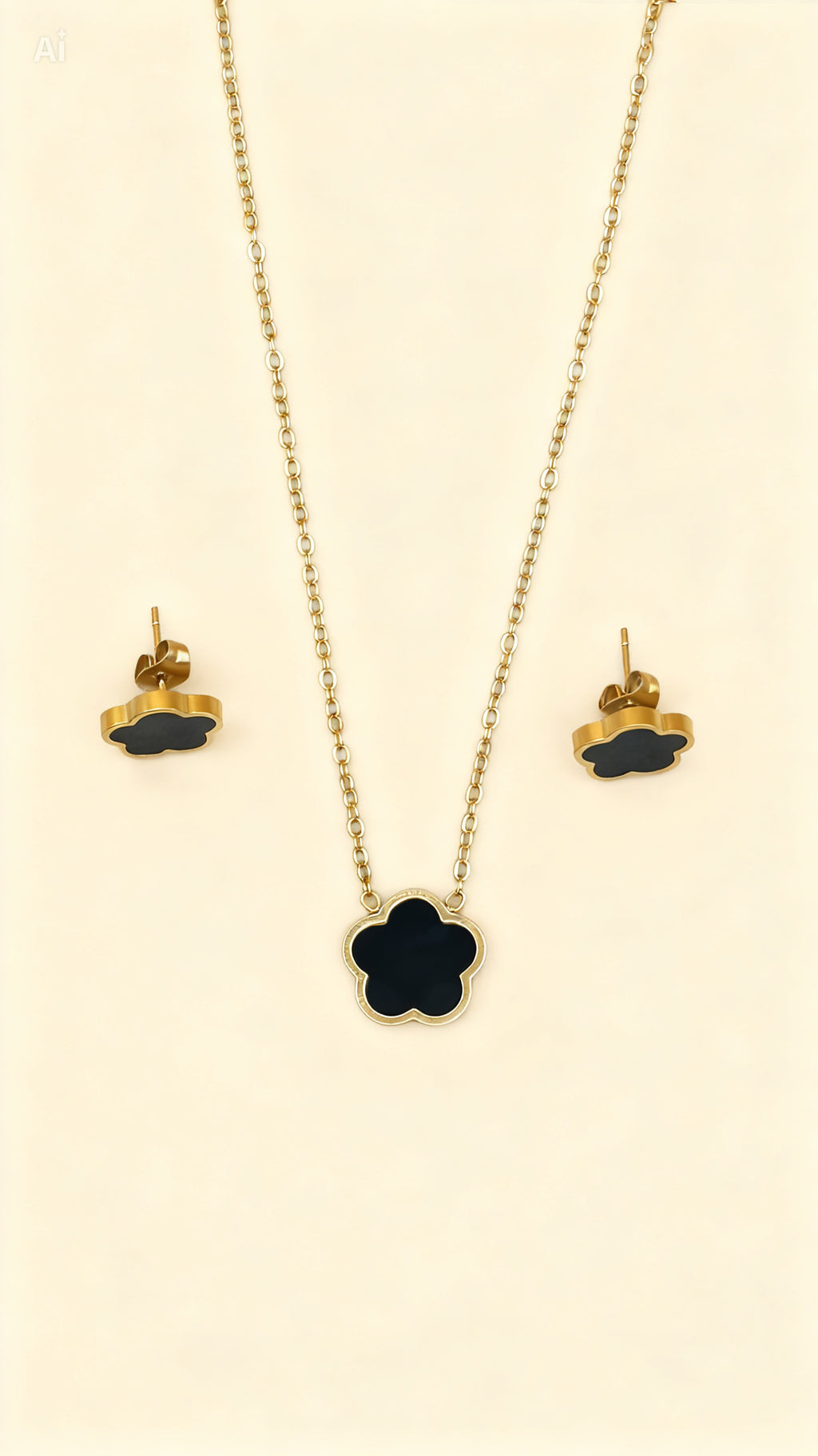 NOIR CLOVER 18K Gold Plated Black Clover Necklace & Stud Earring Set