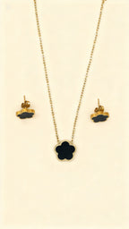 NOIR CLOVER 18K Gold Plated Black Clover Necklace & Stud Earring Set
