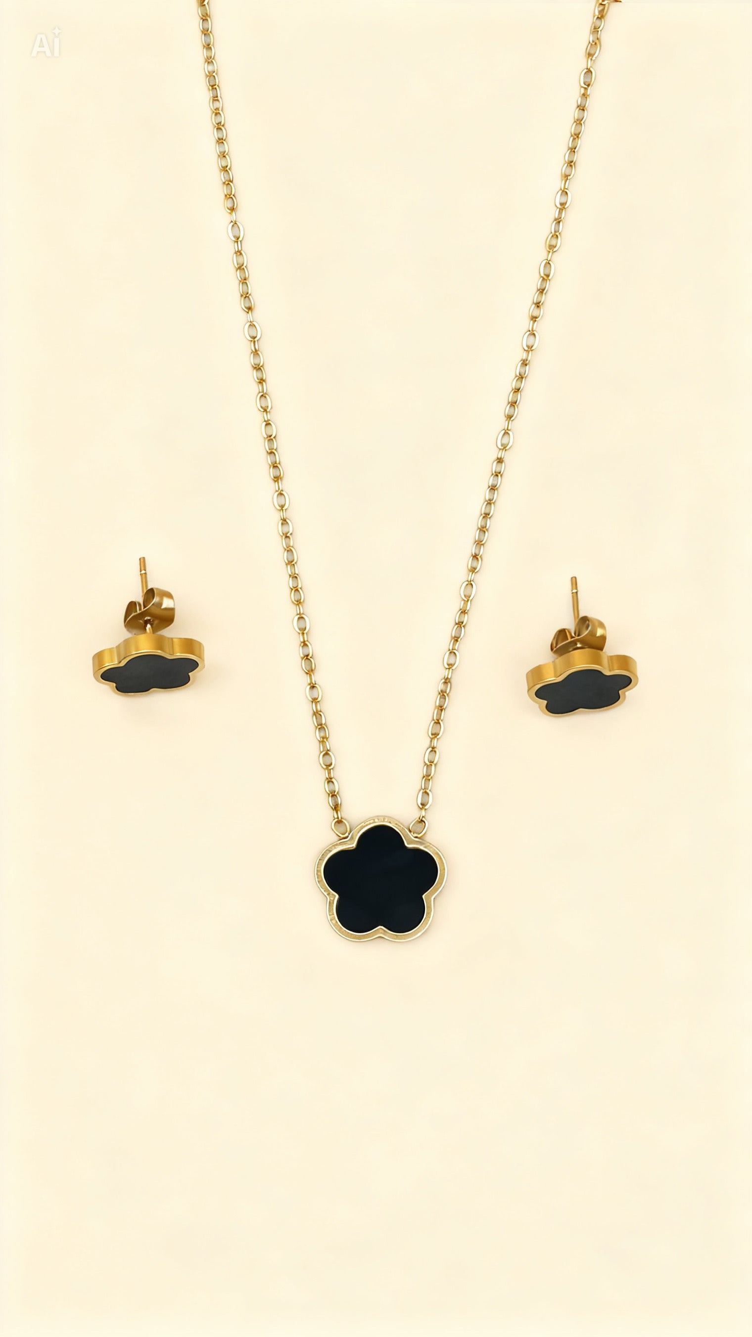 NOIR CLOVER 18K Gold Plated Black Clover Necklace & Stud Earring Set