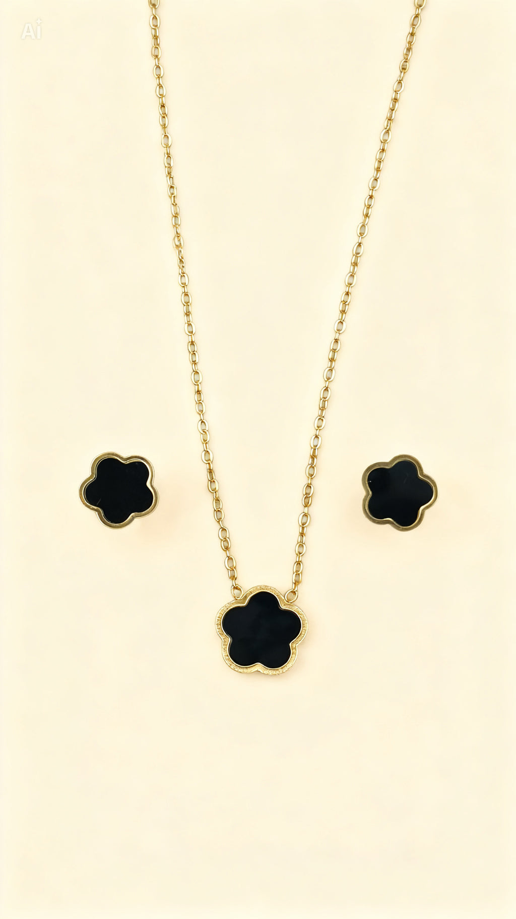 NOIR CLOVER 18K Gold Plated Black Clover Necklace & Stud Earring Set