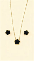 NOIR CLOVER 18K Gold Plated Black Clover Necklace & Stud Earring Set