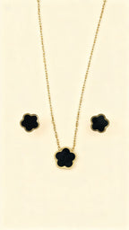 NOIR CLOVER 18K Gold Plated Black Clover Necklace & Stud Earring Set