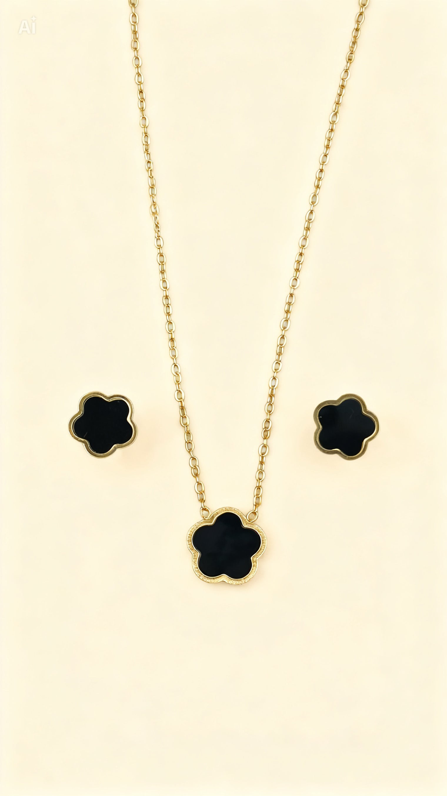 NOIR CLOVER 18K Gold Plated Black Clover Necklace & Stud Earring Set