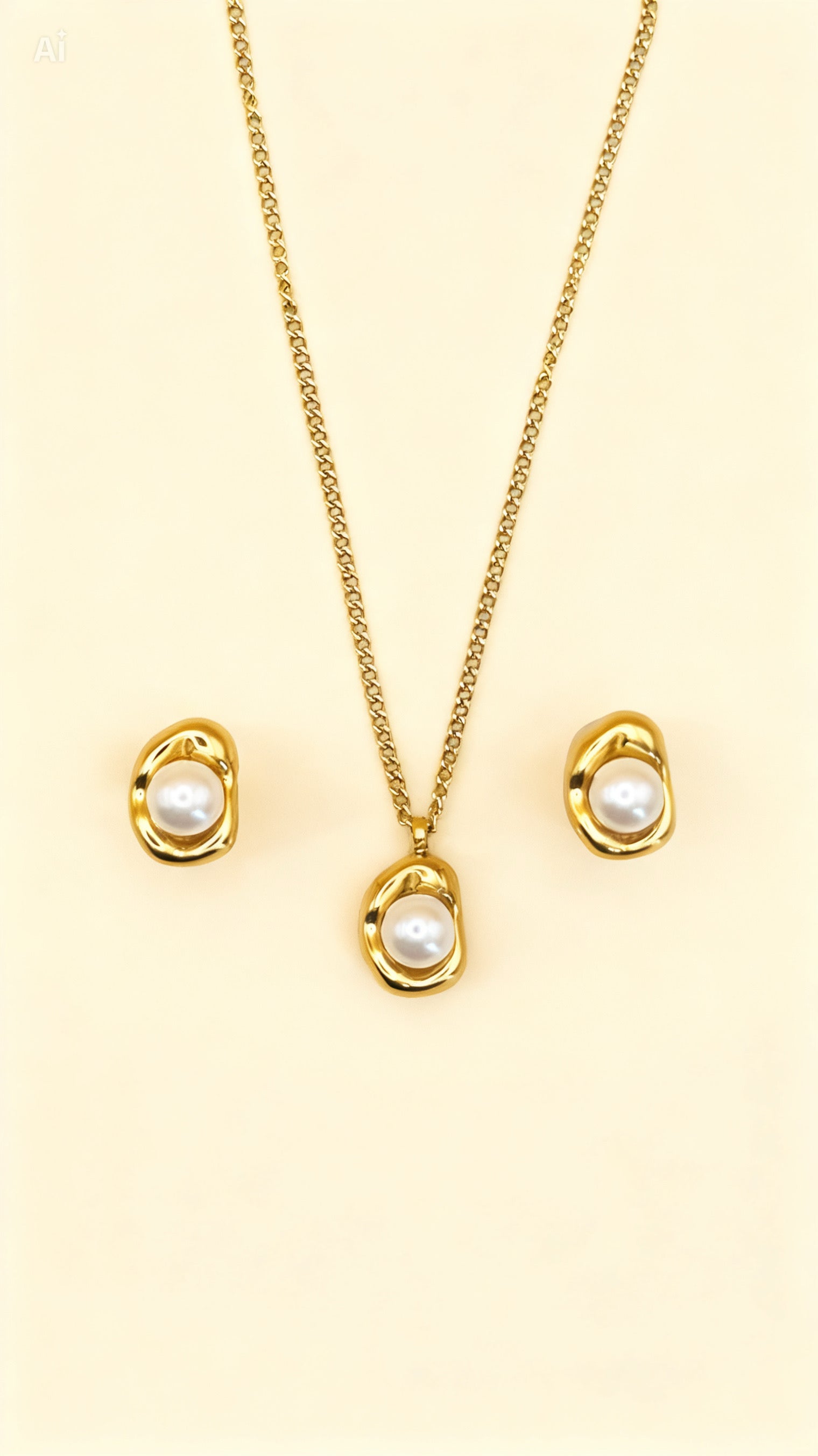 ELARA 18K Gold Plated Pearl Accent Necklace & Stud Earrings Set