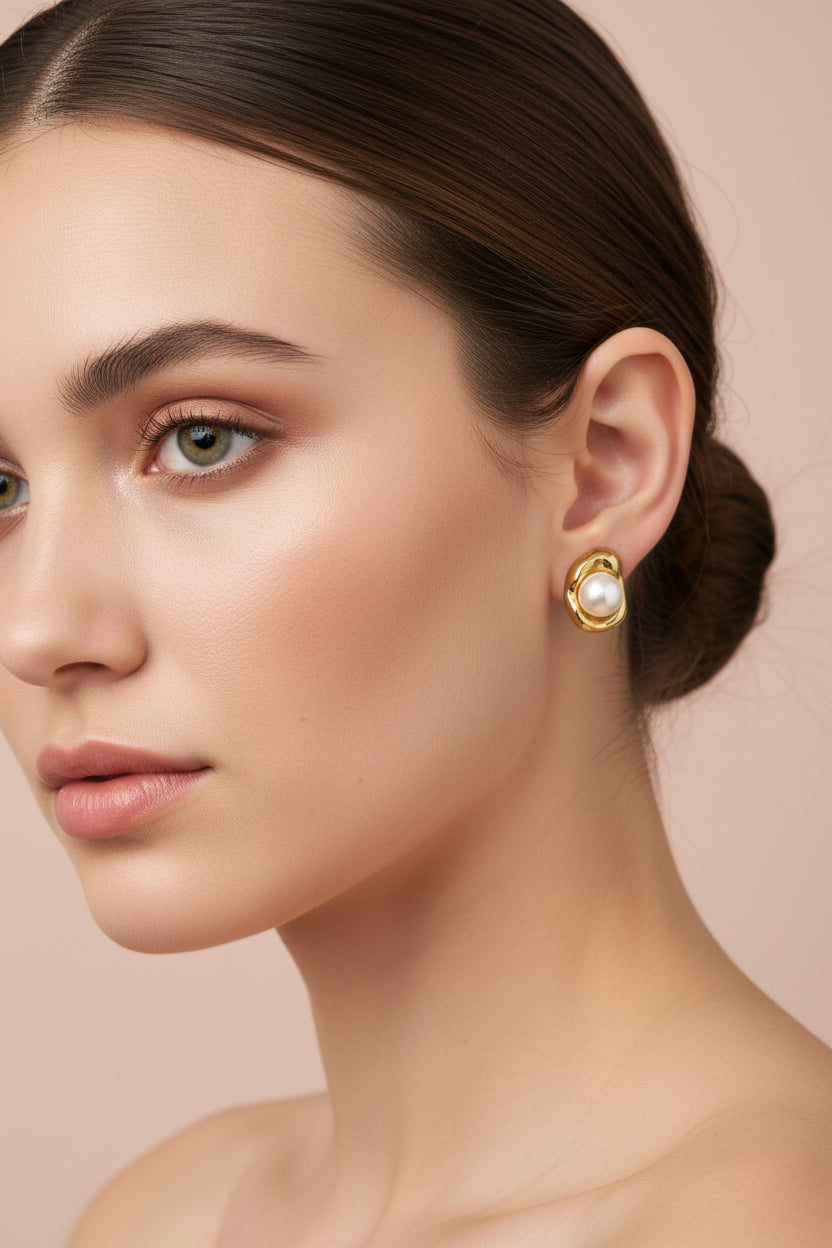 ELARA 18K Gold Plated Pearl Accent Stud Earrings