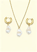 AURELIA 18K Gold Plated Freshwater Pearl Drop Necklace & Hoop Earring Set
