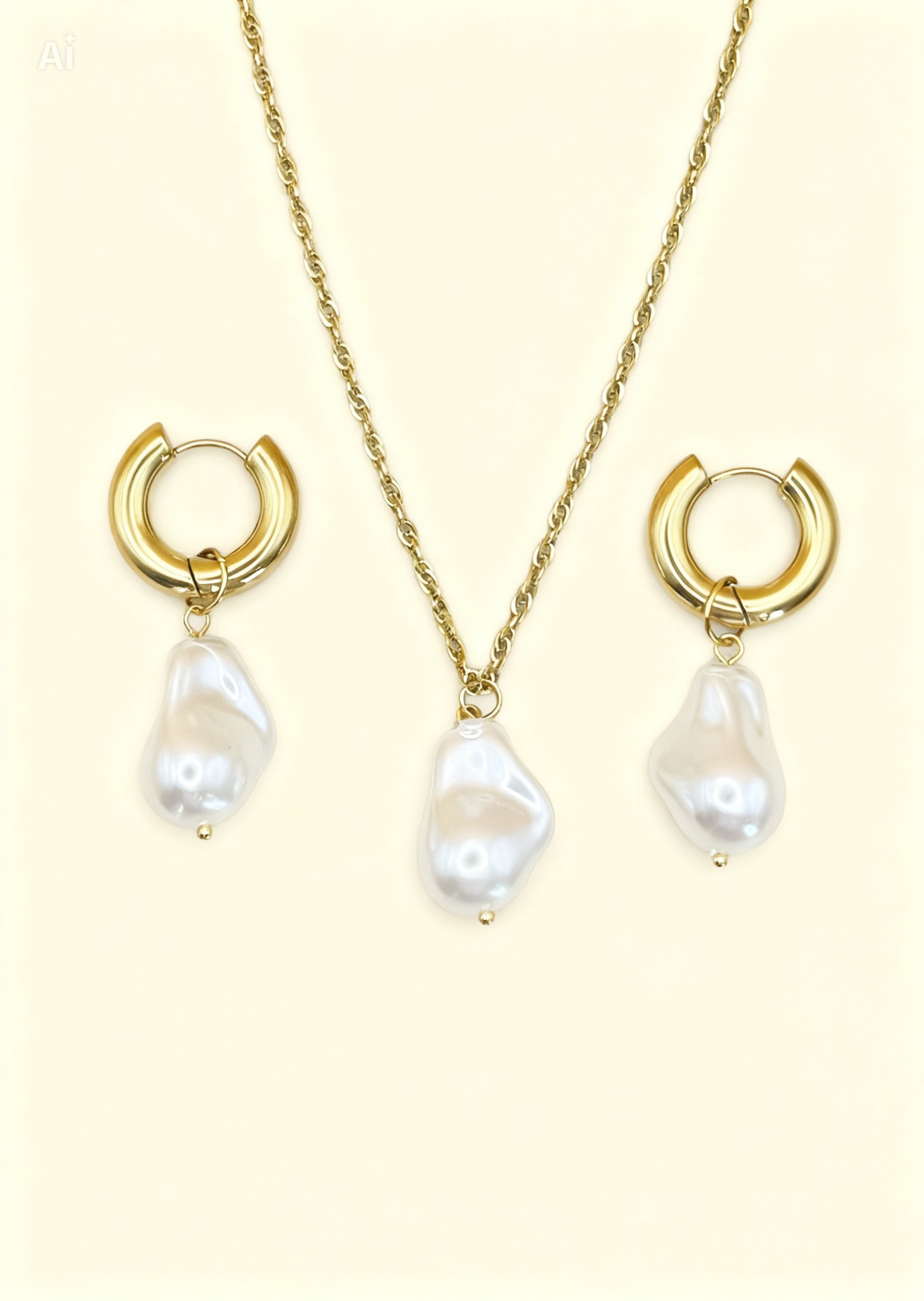 AURELIA 18K Gold Plated Freshwater Pearl Drop Necklace & Hoop Earring Set