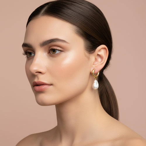 AURELIA 18K Gold Plated Freshwater Pearl Drop Hoop Earrings