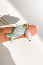 COVE 18K Gold Plated Fish & Pearl Charm Necklace