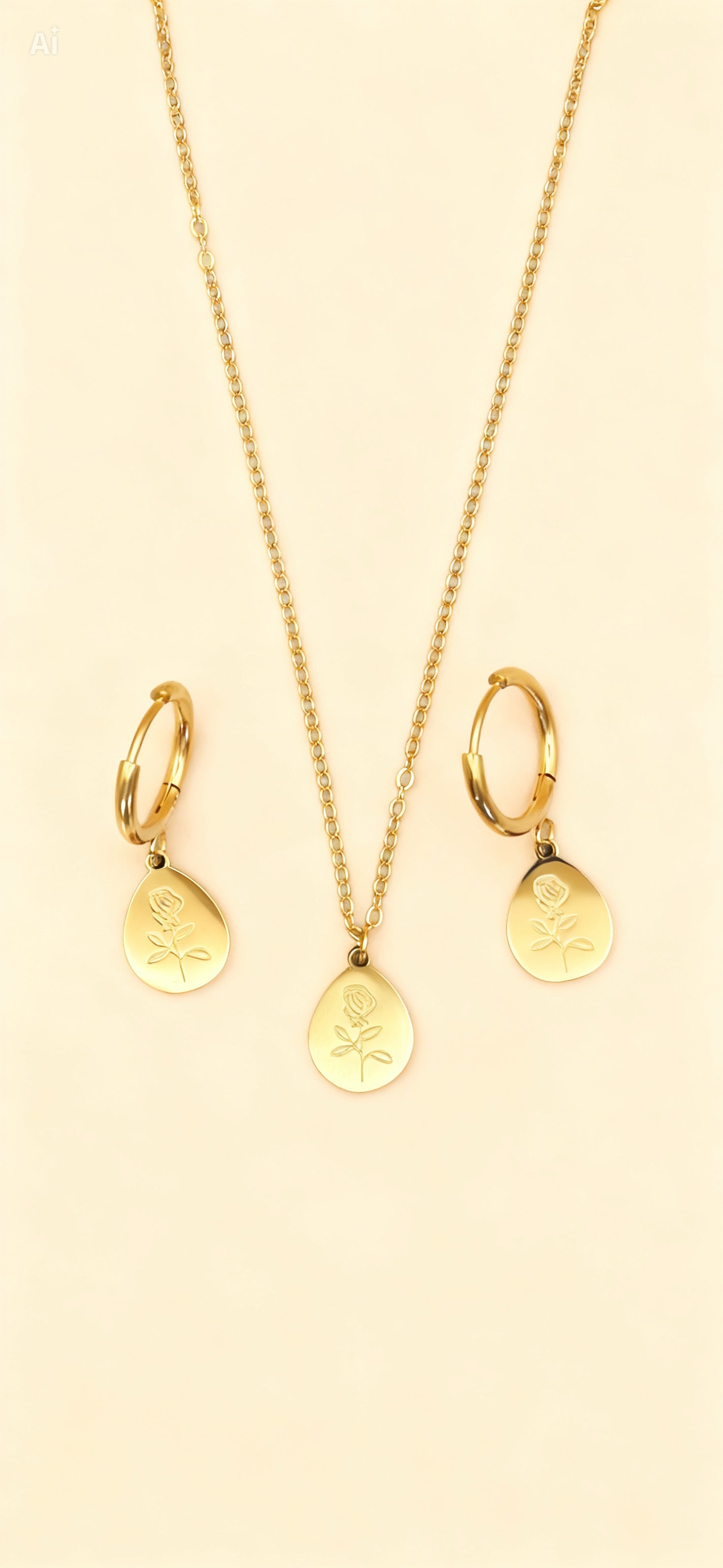 ROSE ÉCLAT 18K Gold Plated Rose Charm Necklace & Hoop Earring Set