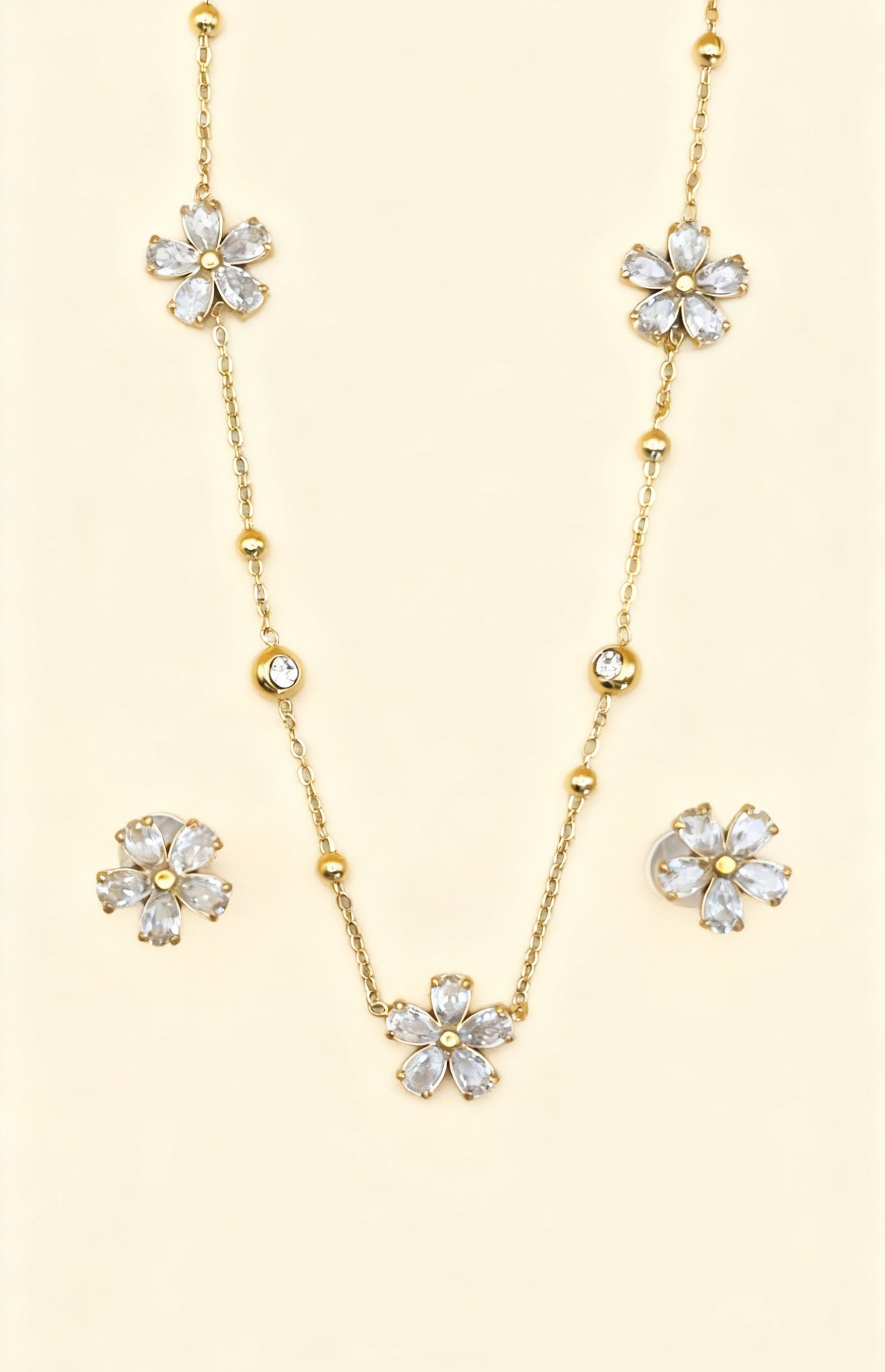 LUMIÈRE 18K Gold Plated Crystal Flower Necklace & Stud Earring Set