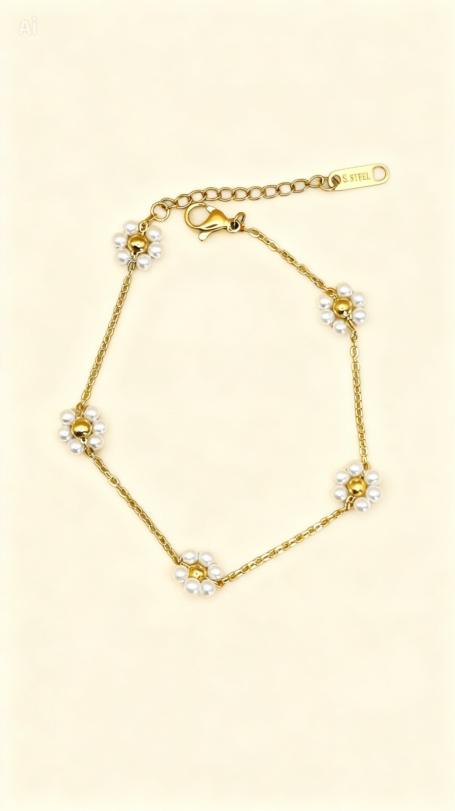 ROSA 18K Gold Plated Floral Pearl Chain Bracelet