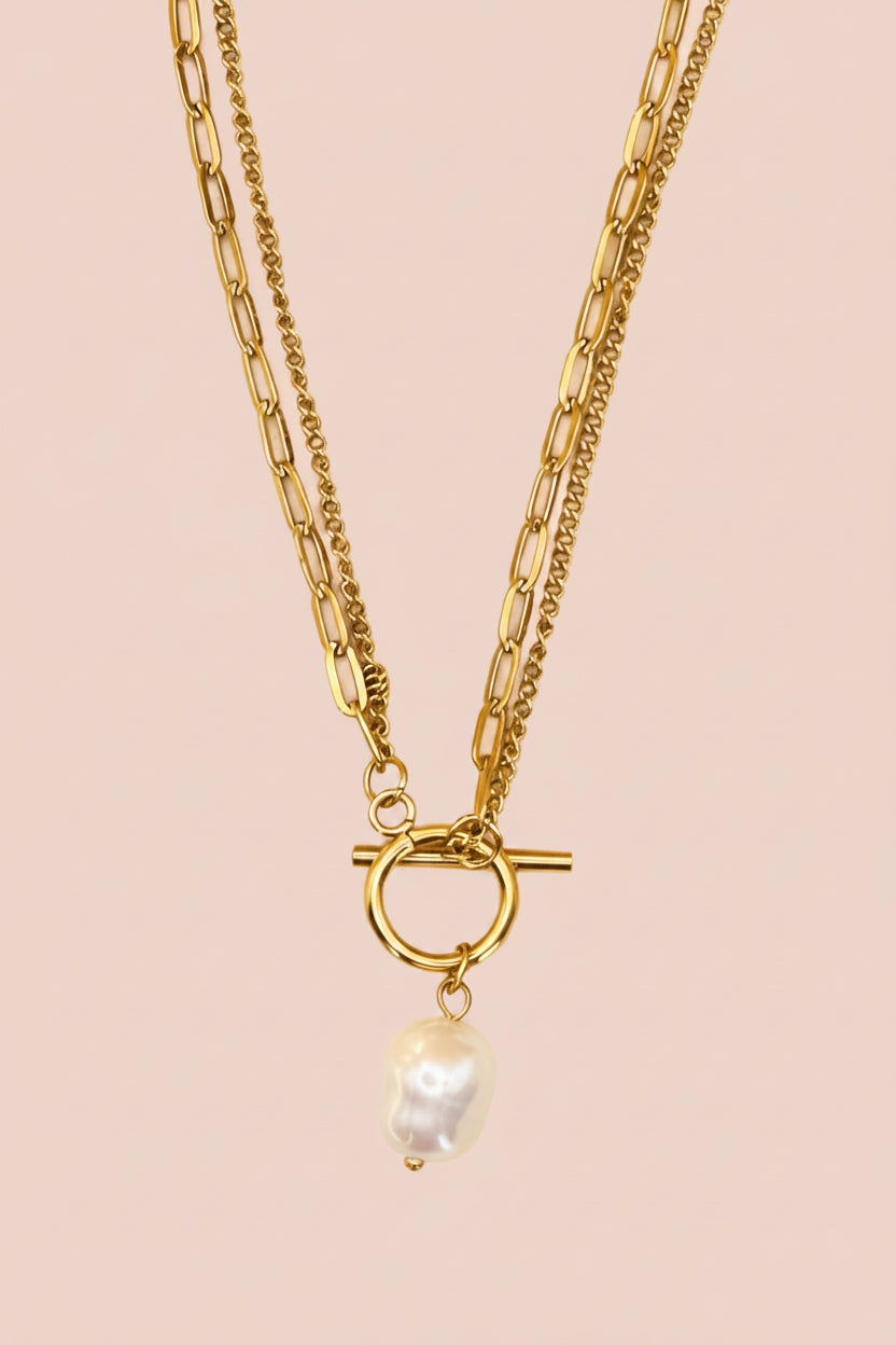 AURELIA 18K Gold Plated Layered Toggle Pearl Necklace