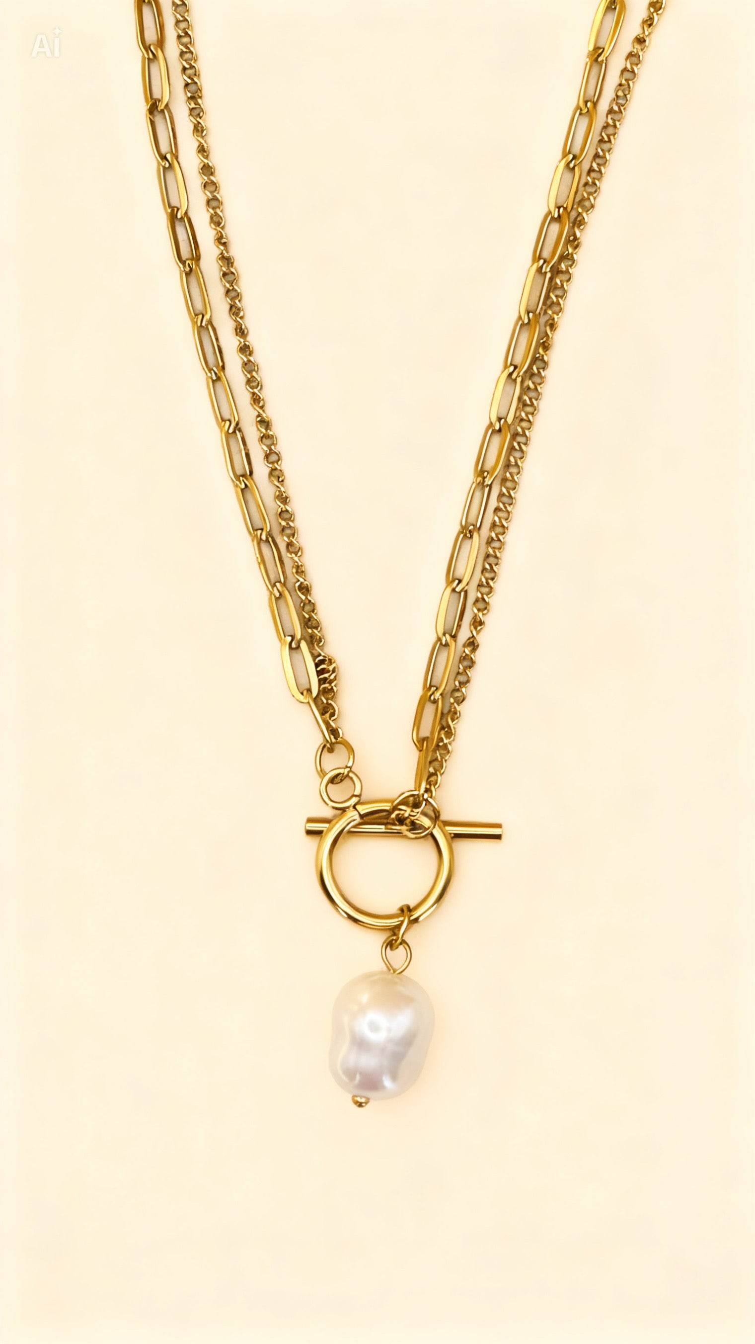 AURELIA 18K Gold Plated Layered Toggle Pearl Necklace