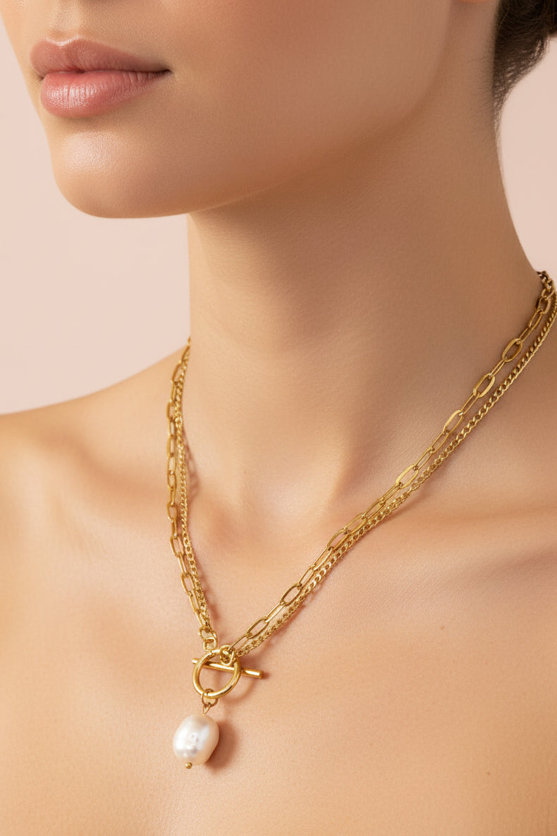 AURELIA 18K Gold Plated Layered Toggle Pearl Necklace