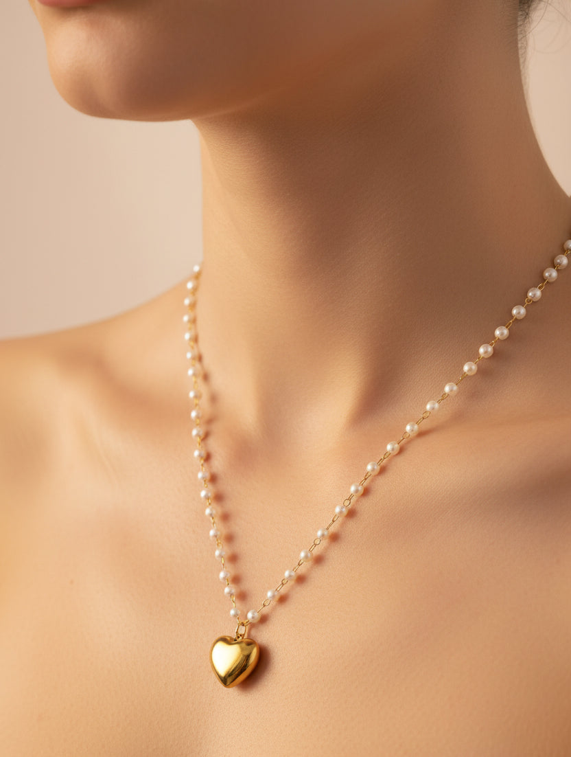 ELISE 18K Gold Plated Pearl Chain Heart Necklace
