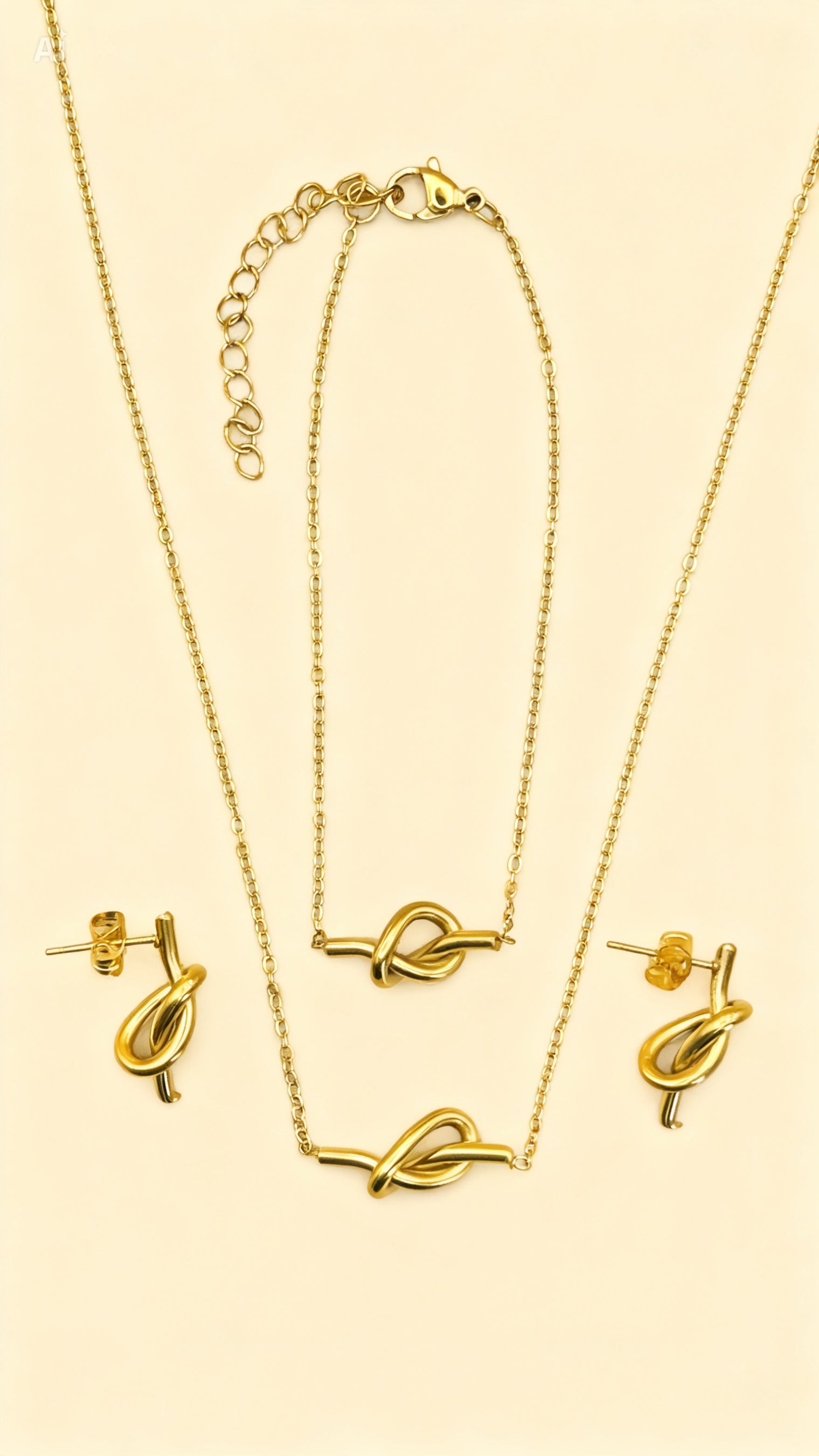 ARIA 18K Gold Plated Knot Necklace, Earrings & Bracelet Set