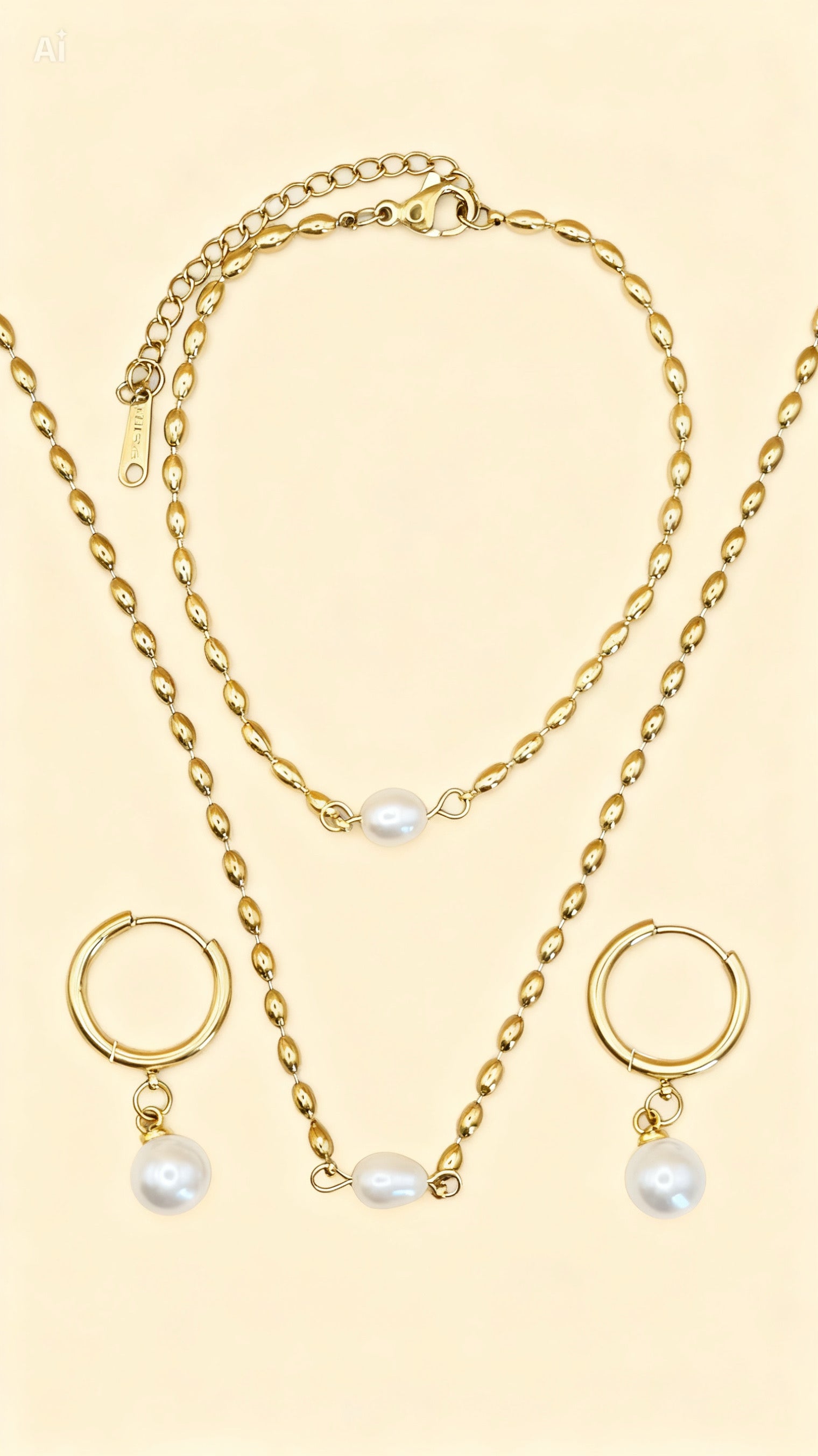 AMARA 18K Gold Plated Pearl Bead Necklace, Earrings & Bracelet Set