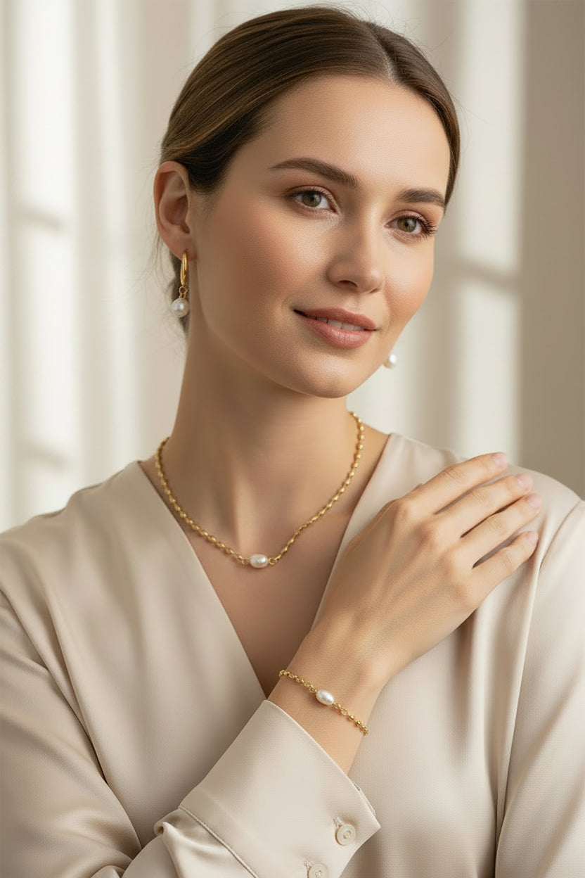 AMARA 18K Gold Plated Pearl Bead Necklace, Earrings & Bracelet Set