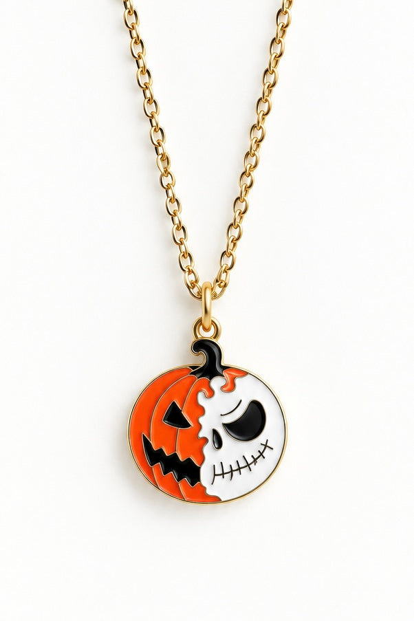 Half Pumpkin Half Skull Halloween Necklace