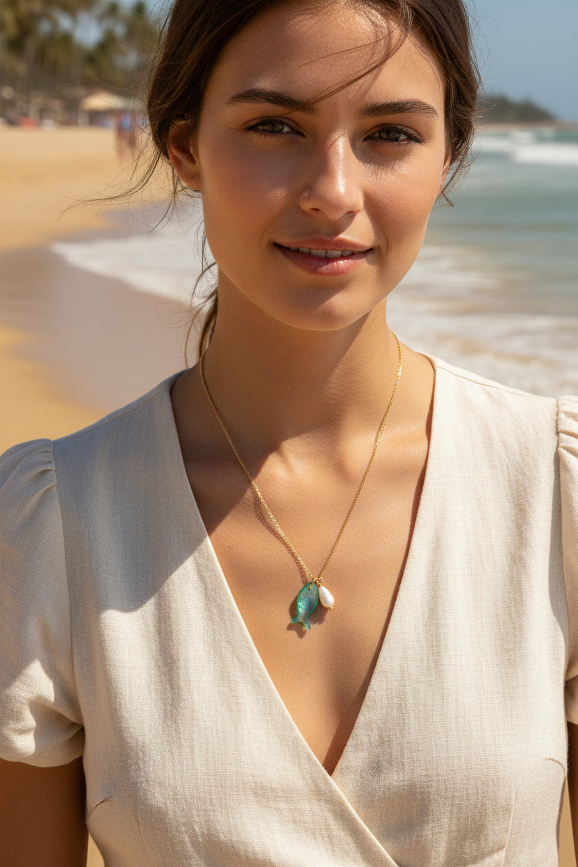 COVE 18K Gold Plated Fish & Pearl Charm Necklace