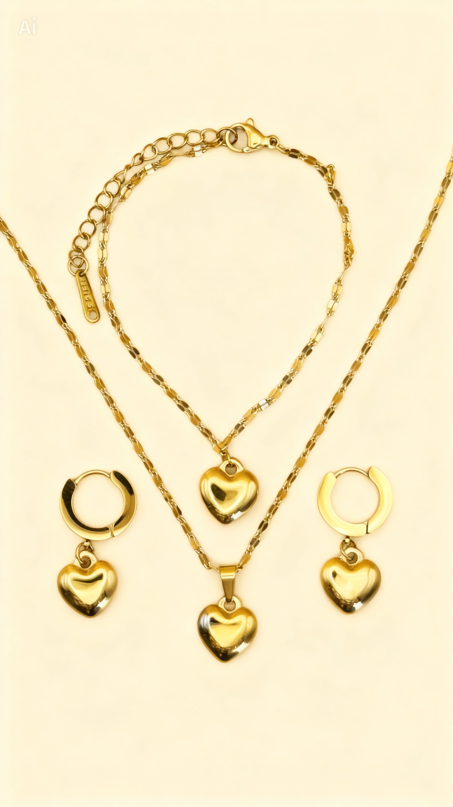 LUNA 18K Gold Plated Heart Necklace, Earrings & Bracelet Set