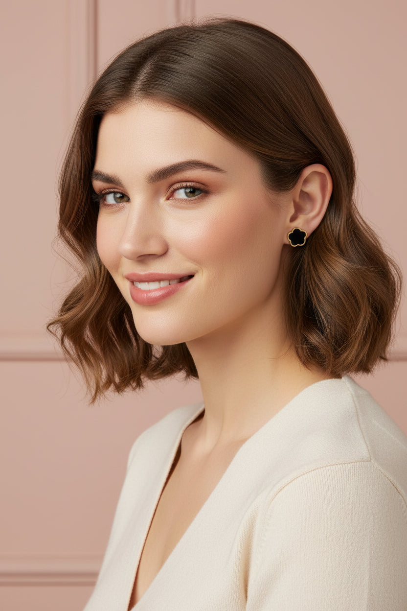 NOIR CLOVER 18K Gold Plated Black Clover Stud Earrings