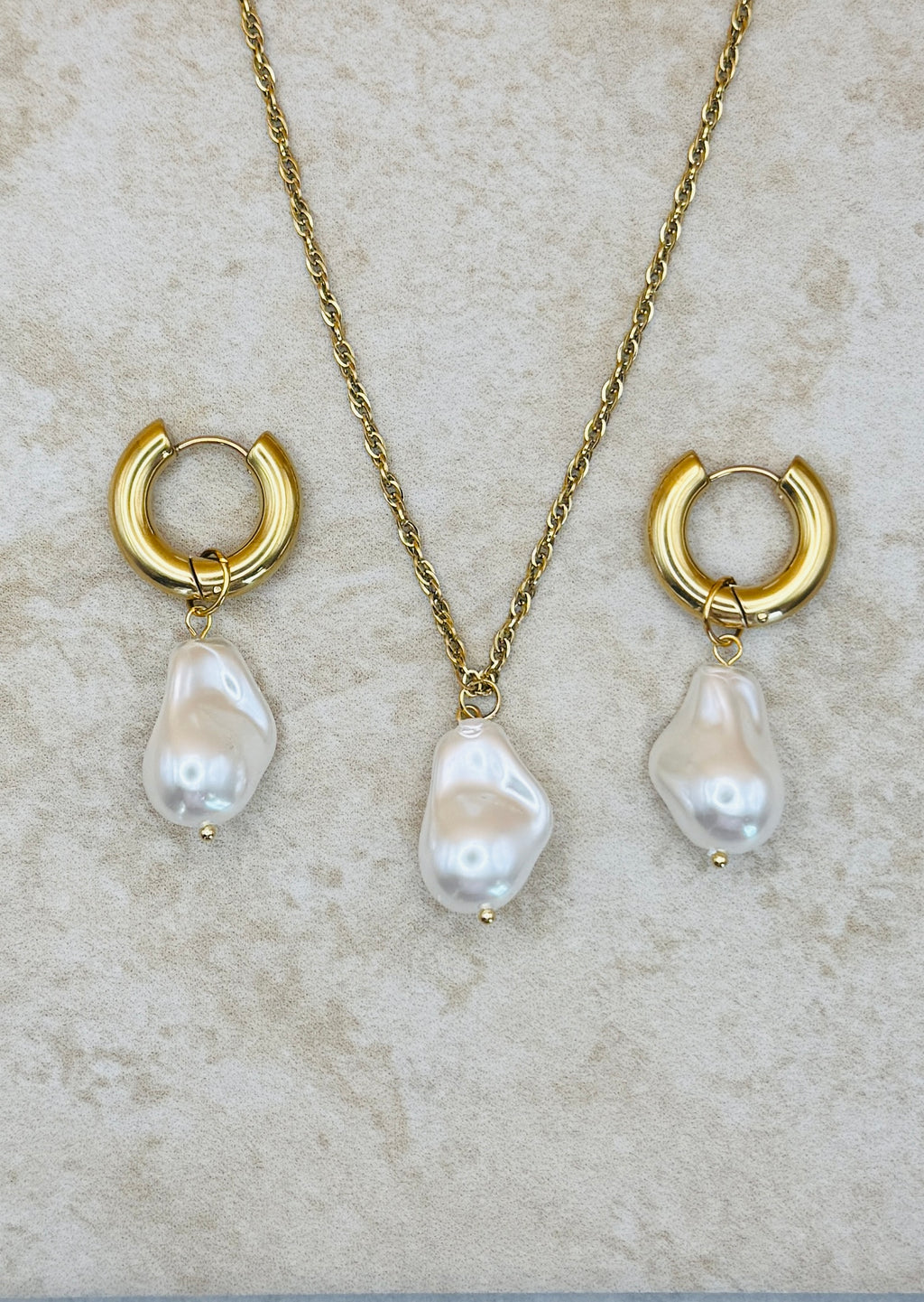 AURELIA 18K Gold Plated Freshwater Pearl Drop Necklace & Hoop Earring Set
