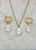 AURELIA 18K Gold Plated Freshwater Pearl Drop Necklace & Hoop Earring Set