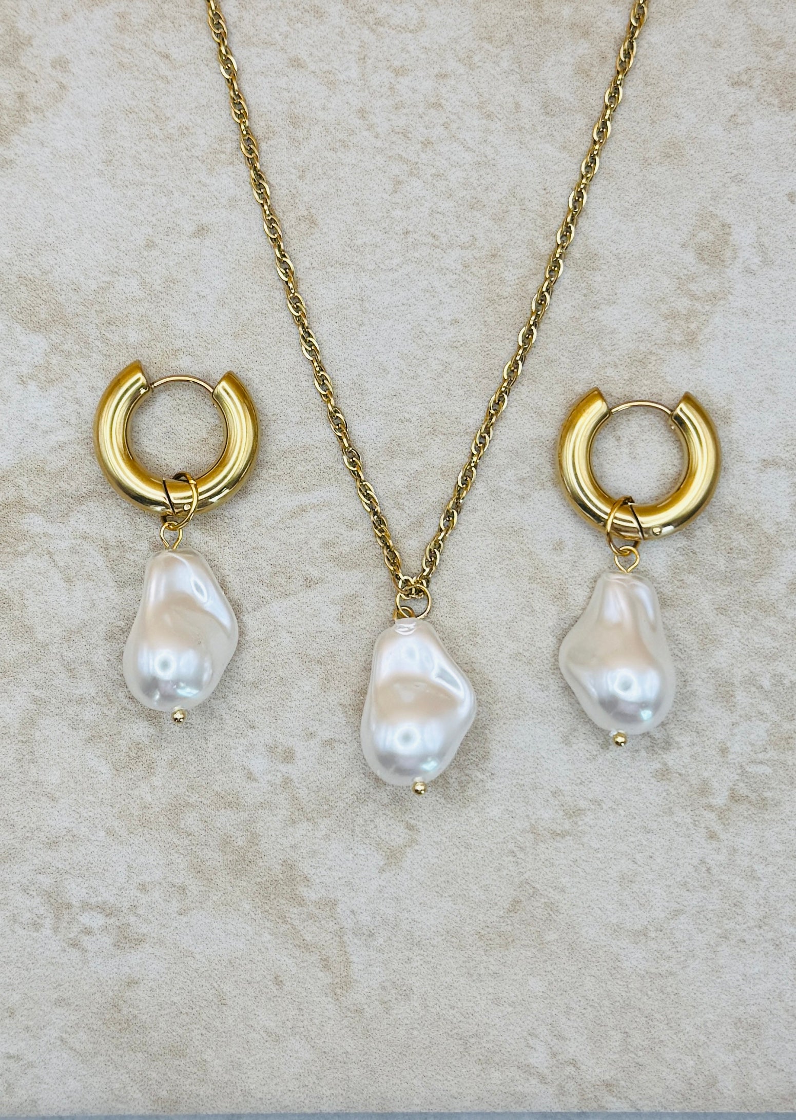 AURELIA 18K Gold Plated Freshwater Pearl Drop Necklace & Hoop Earring Set