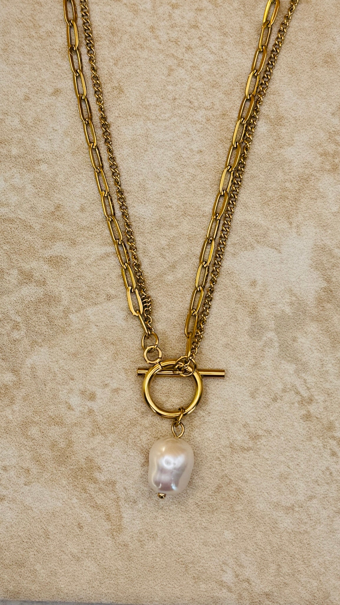 AURELIA 18K Gold Plated Layered Toggle Pearl Necklace