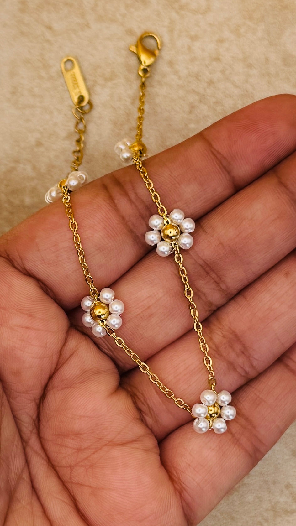 ROSA 18K Gold Plated Floral Pearl Chain Bracelet