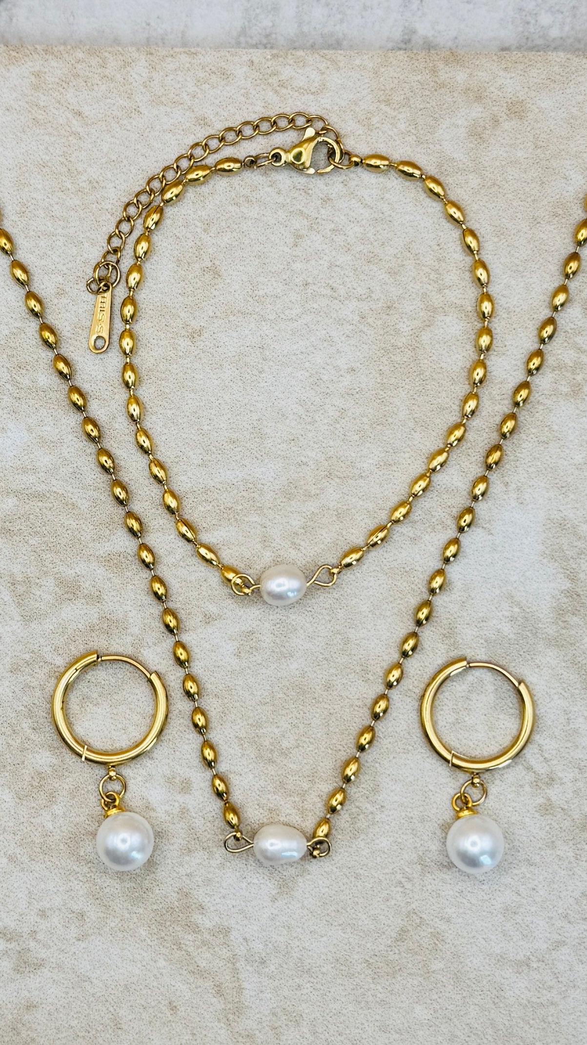 AMARA 18K Gold Plated Pearl Bead Necklace, Earrings & Bracelet Set