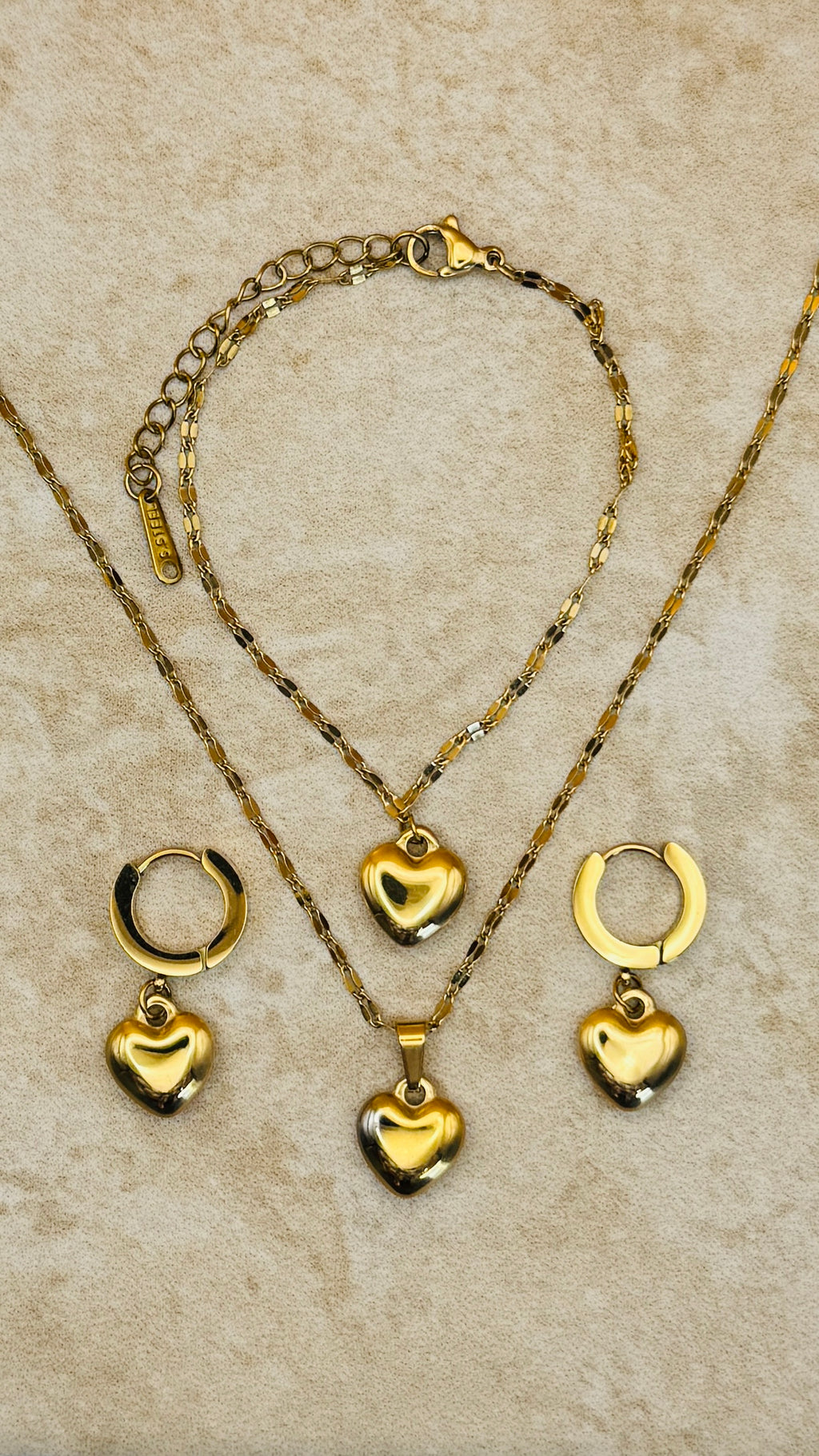 LUNA 18K Gold Plated Heart Necklace, Earrings & Bracelet Set