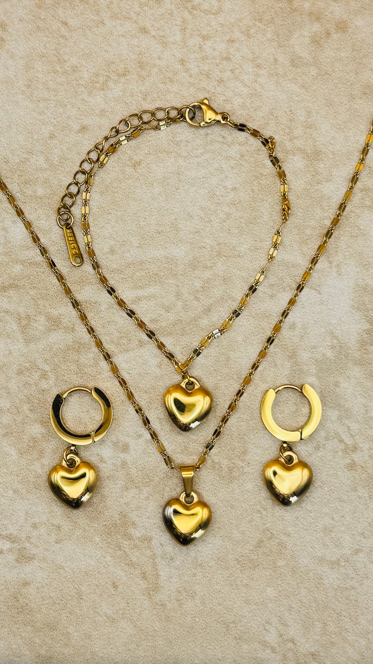 LUNA 18K Gold Plated Heart Necklace, Earrings & Bracelet Set