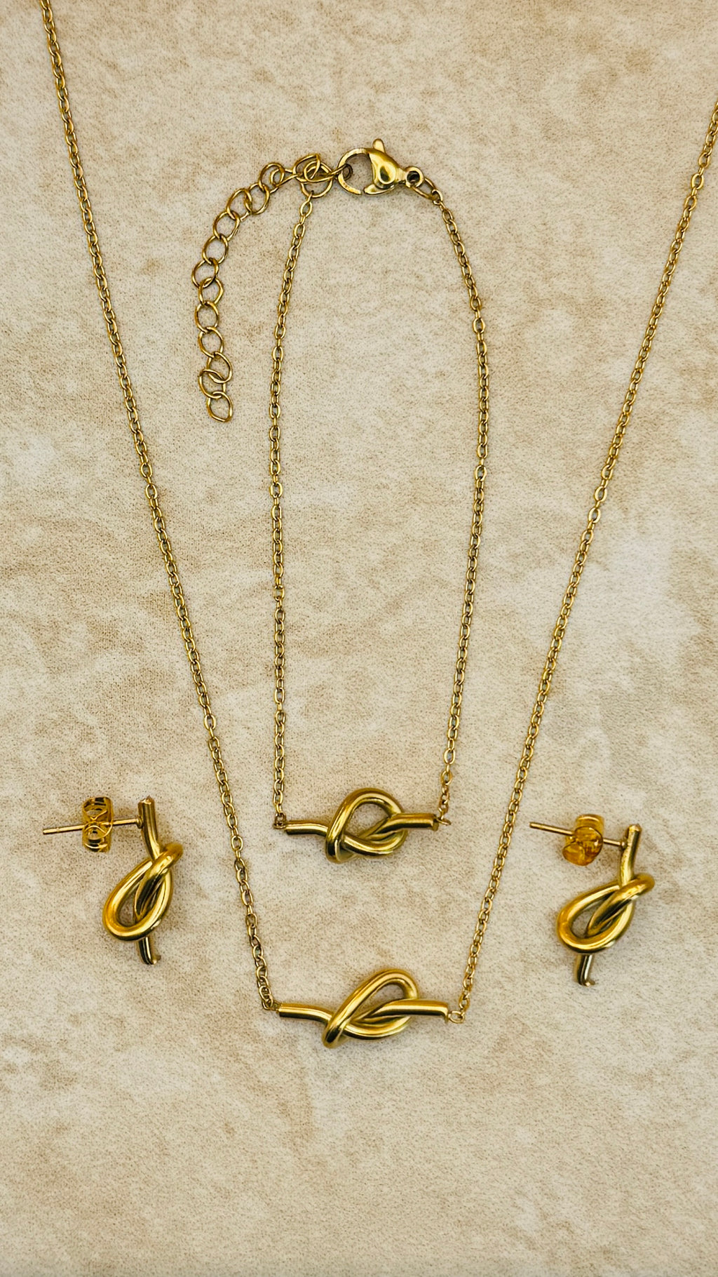 ARIA 18K Gold Plated Knot Necklace, Earrings & Bracelet Set