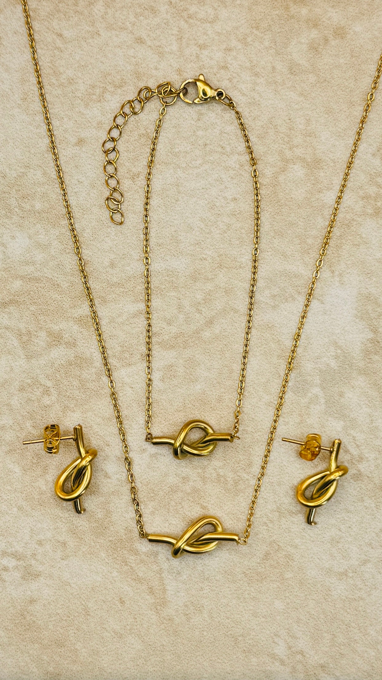ARIA 18K Gold Plated Knot Necklace, Earrings & Bracelet Set